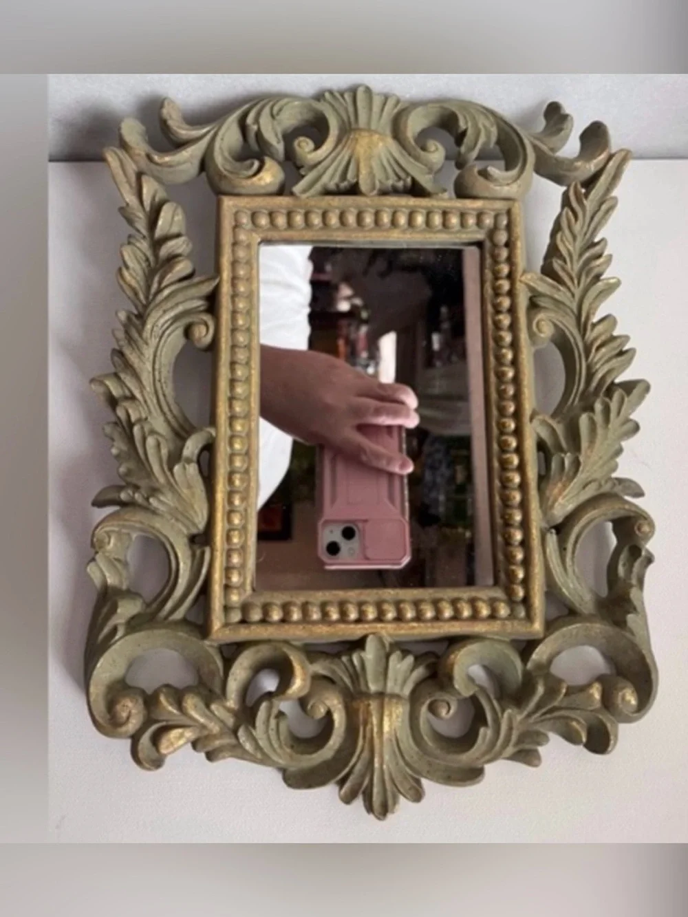 Ornate Vintage Decorative wall Mirror in Antiqued Gold and Green